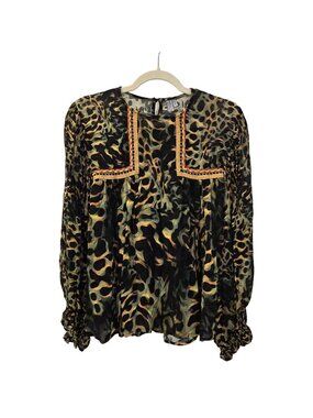 Anthropologie Bl-nk Joelle Leopard Viscose Baby Doll Peasant Blouse Size XS/S